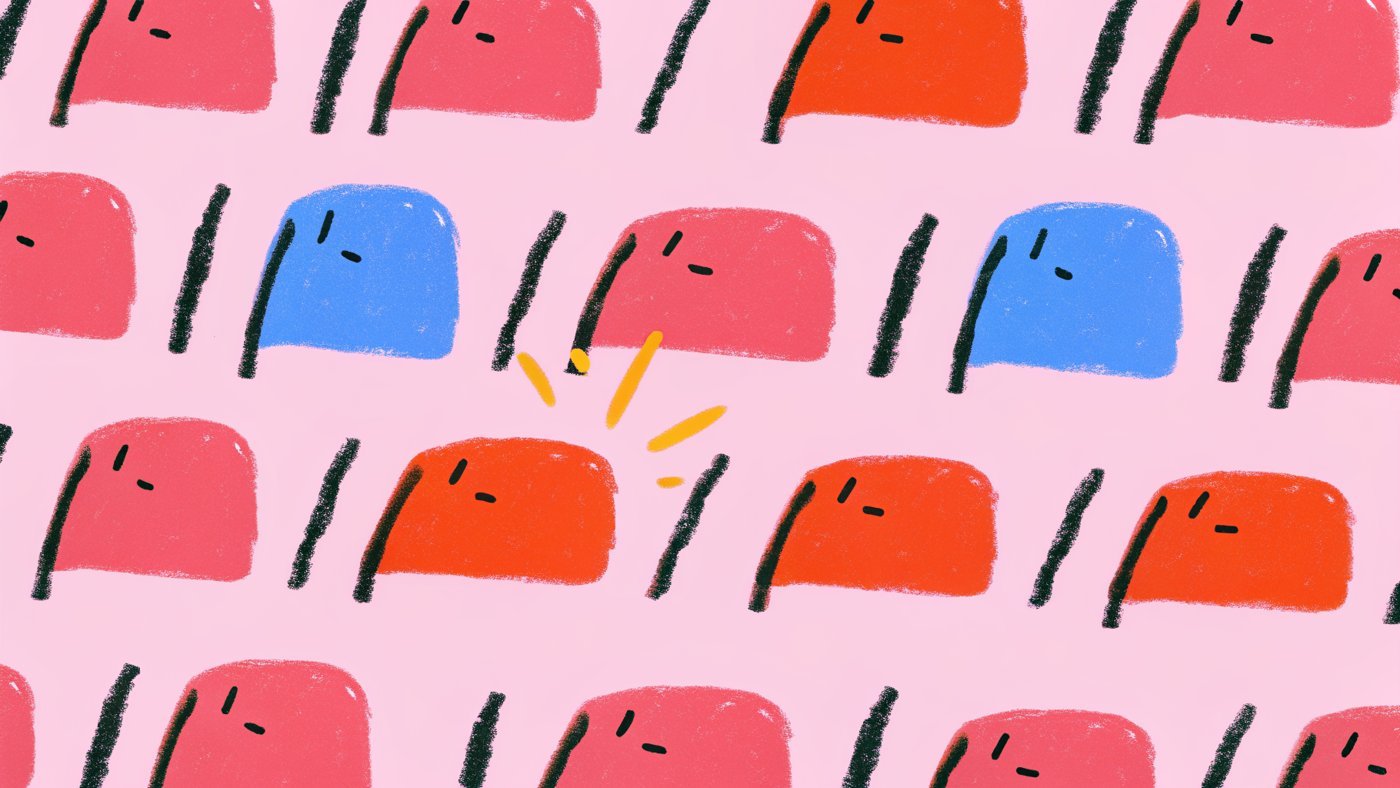 Illustration of rows of near-identical speech bubbles with one distinctive reel hook standing out from the grid