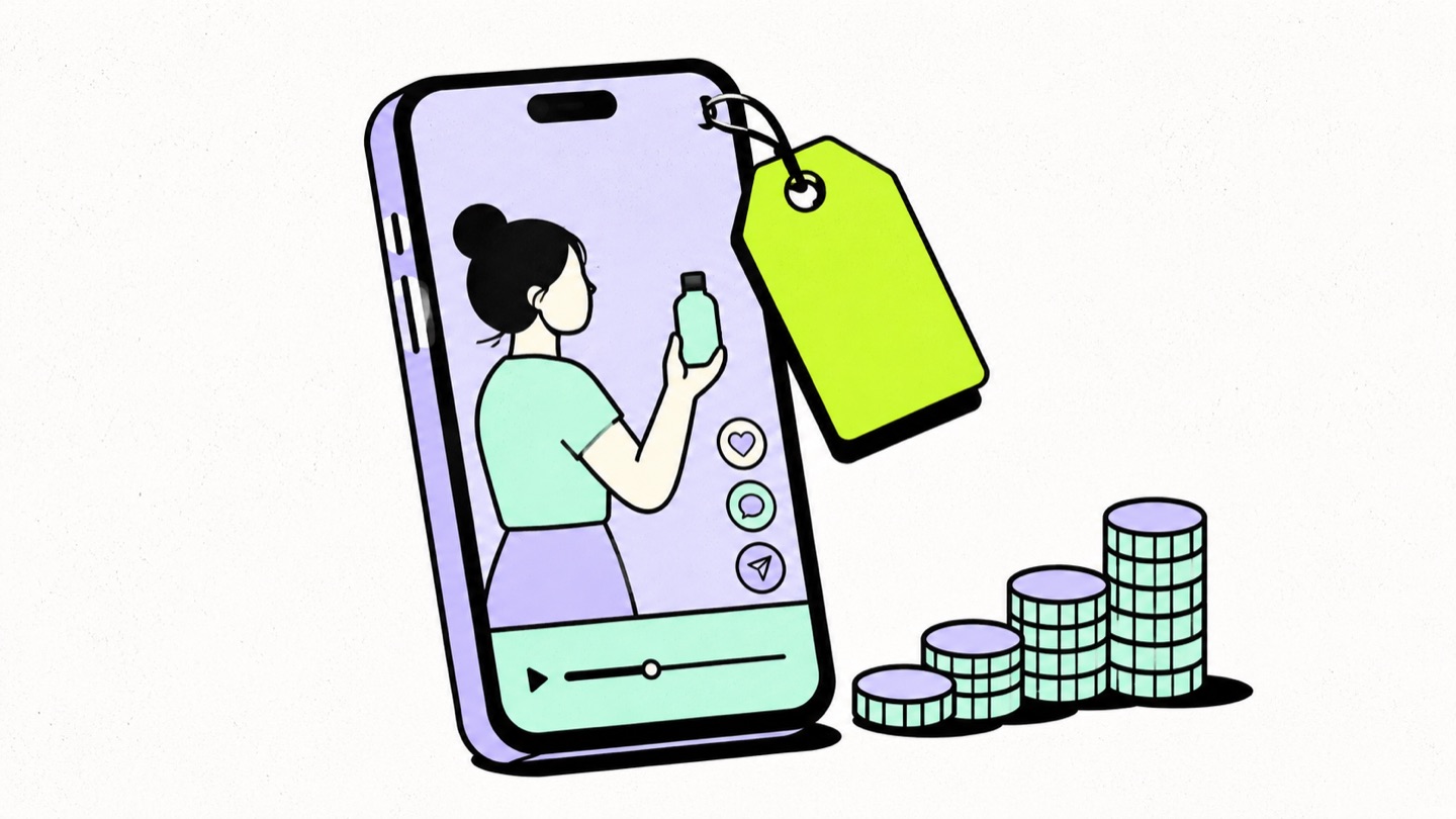 Illustration of a phone playing a UGC skincare video with a bold chartreuse price tag and a rising stack of coins