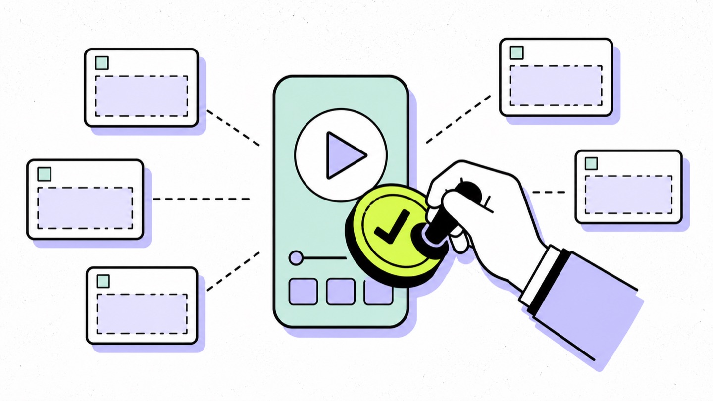 Illustration of a UGC video clip being stamped with a chartreuse checkmark seal as ad frames radiate outward